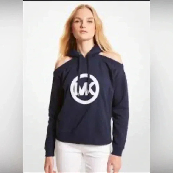 Michael Kors Tops - Michael Kors navy blue cut out shoulder hoodie with logo size XL